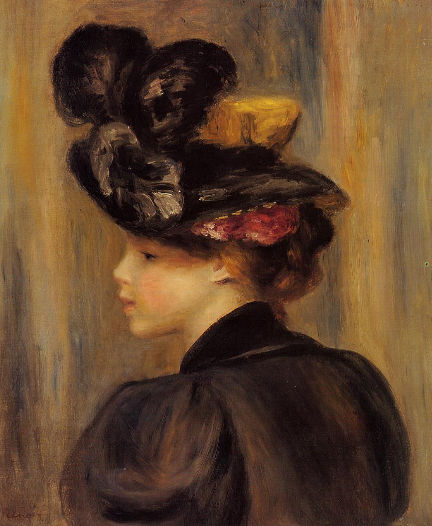 Young Woman Wearing a Black Hat - Pierre-Auguste Renoir painting on canvas